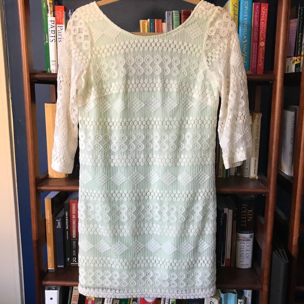 Ark&Co white lace dress with mint lining, low back